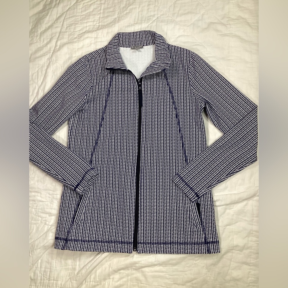 T By Talbots Full Zip Knit Activewear Jacket Navy Blue White Pattern XS
